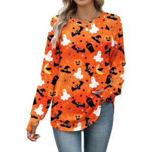 imageZeagoo Womens Casual Long Sleeve Shirts Crew Neck Round Hem Loose TShirts Tunic Tops with Thumb HolesHalloween Bats