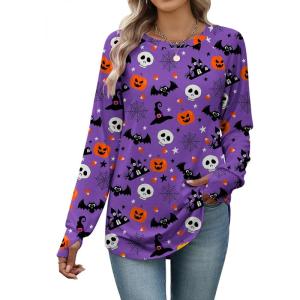 imageZeagoo Womens Casual Long Sleeve Shirts Crew Neck Round Hem Loose TShirts Tunic Tops with Thumb HolesHalloween Purple