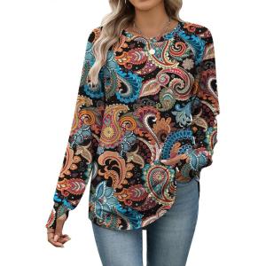 imageZeagoo Womens Casual Long Sleeve Shirts Crew Neck Round Hem Loose TShirts Tunic Tops with Thumb HolesMulticolored Paisley