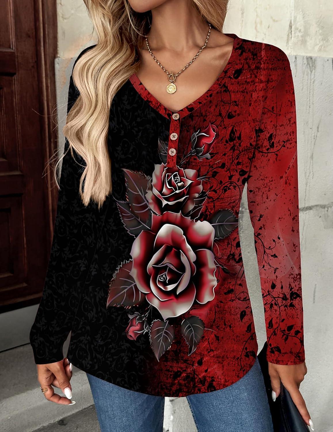 imageZeagoo Women Tops Loose Fit Long Sleeve V Neck T Shirts Business Casual Blouses Dressy Fall Fashion Work ClothesRed Flowerbf309