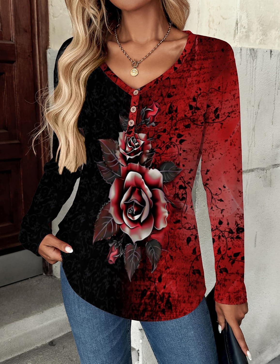 imageZeagoo Women Tops Loose Fit Long Sleeve V Neck T Shirts Business Casual Blouses Dressy Fall Fashion Work ClothesRed Flowerbf309
