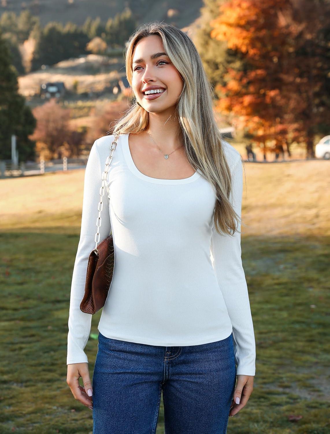 imageZeagoo Womens Long Sleeve Scoop Neck Shirts Casual Slim Fit Rib Knit Tops Summer Fall Basic Business Work TeeBlackwhitewine Red