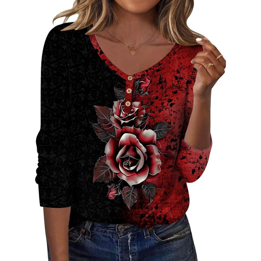 imageZeagoo Women Tops Loose Fit Long Sleeve V Neck T Shirts Business Casual Blouses Dressy Fall Fashion Work ClothesRed Flowerbf309