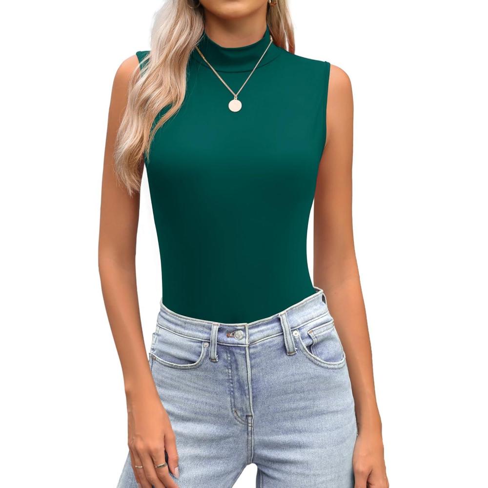 imageZeagoo Womens Mock Turtleneck Tank Tops 2025 Slim Fitted Sleeveless Top Stretchy Basic Casual Layer Tee ShirtsDeep Green