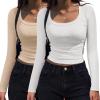 imageZeagoo Womens Long Sleeve Scoop Neck Shirts Casual Slim Fit Rib Knit Tops Summer Fall Basic Business Work TeeWhite and Light Khaki