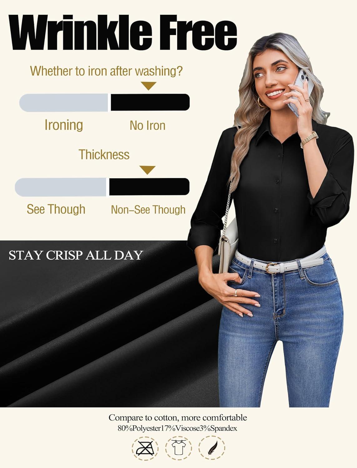 imageZeagoo Button Down Shirts for Women Wrinkle Free Long Sleeve Collared Dress Blouses Casual Work Office Tunics TopsBlack