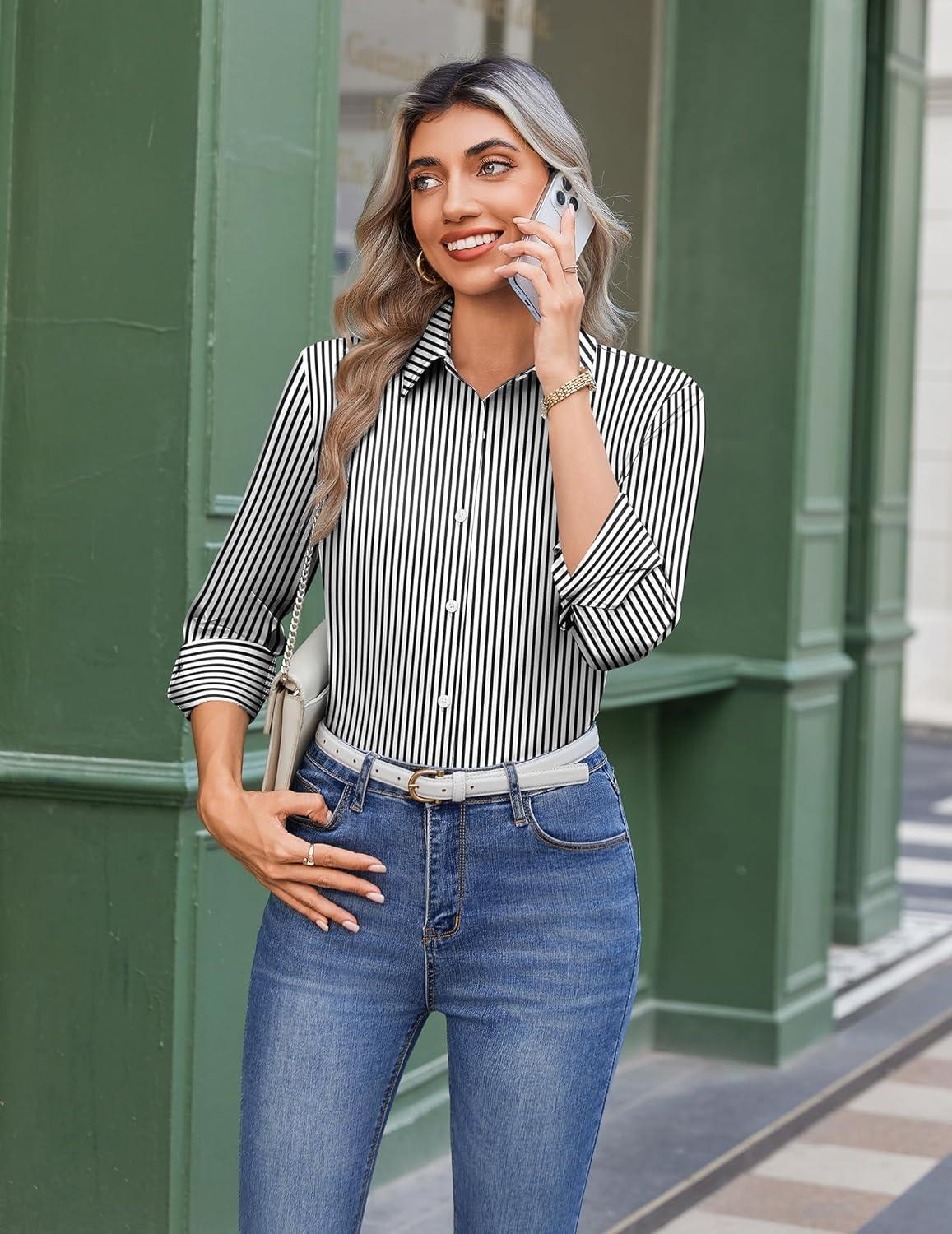 imageZeagoo Button Down Shirts for Women Wrinkle Free Long Sleeve Collared Dress Blouses Casual Work Office Tunics TopsBlack Striped