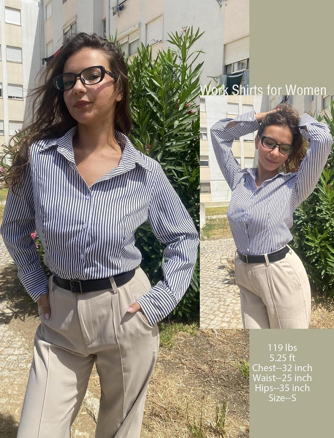 imageZeagoo Button Down Shirts for Women Wrinkle Free Long Sleeve Collared Dress Blouses Casual Work Office Tunics TopsBlack Striped
