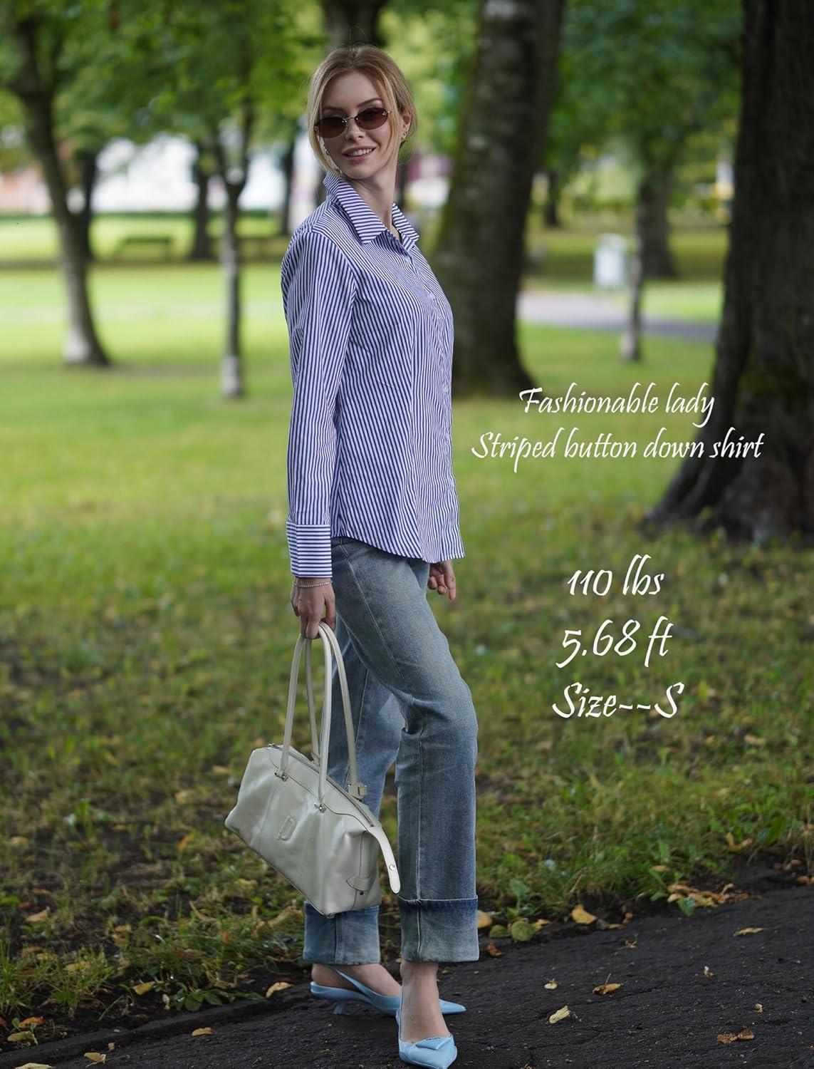 imageZeagoo Button Down Shirts for Women Wrinkle Free Long Sleeve Collared Dress Blouses Casual Work Office Tunics TopsBlue Striped