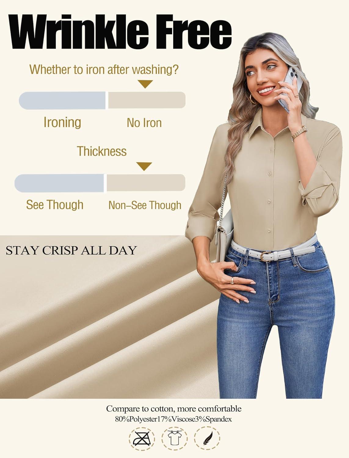 imageZeagoo Button Down Shirts for Women Wrinkle Free Long Sleeve Collared Dress Blouses Casual Work Office Tunics TopsKhaki