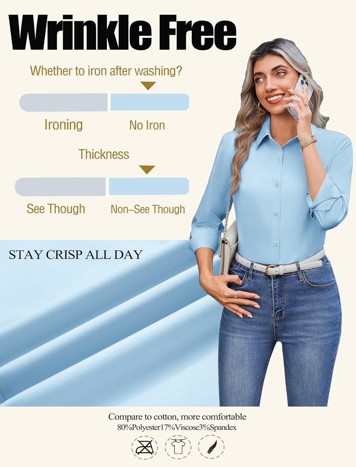 imageZeagoo Button Down Shirts for Women Wrinkle Free Long Sleeve Collared Dress Blouses Casual Work Office Tunics TopsLight Blue