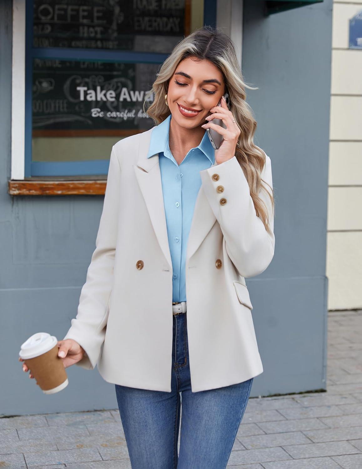 imageZeagoo Button Down Shirts for Women Wrinkle Free Long Sleeve Collared Dress Blouses Casual Work Office Tunics TopsLight Blue