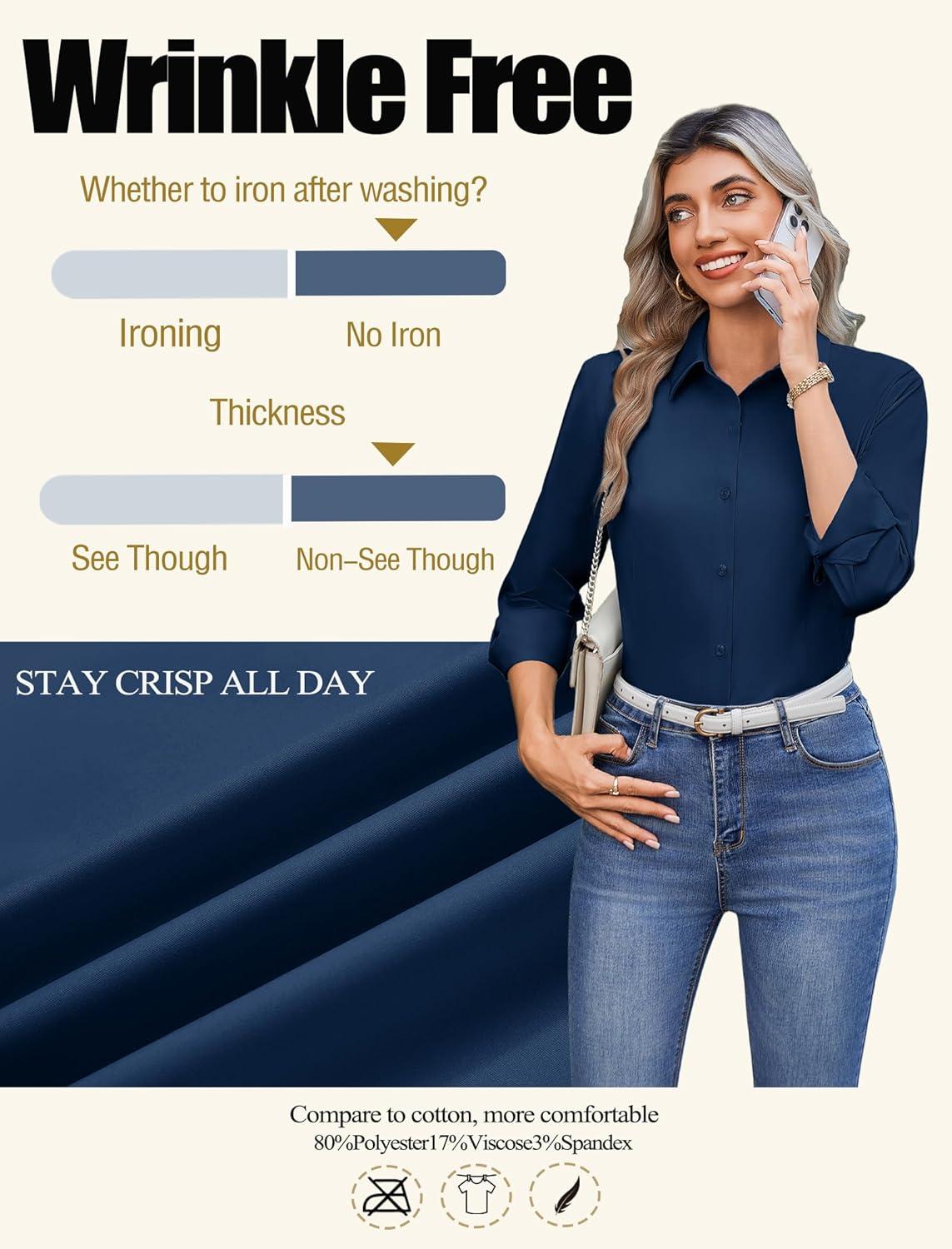 imageZeagoo Button Down Shirts for Women Wrinkle Free Long Sleeve Collared Dress Blouses Casual Work Office Tunics TopsNavy Blue