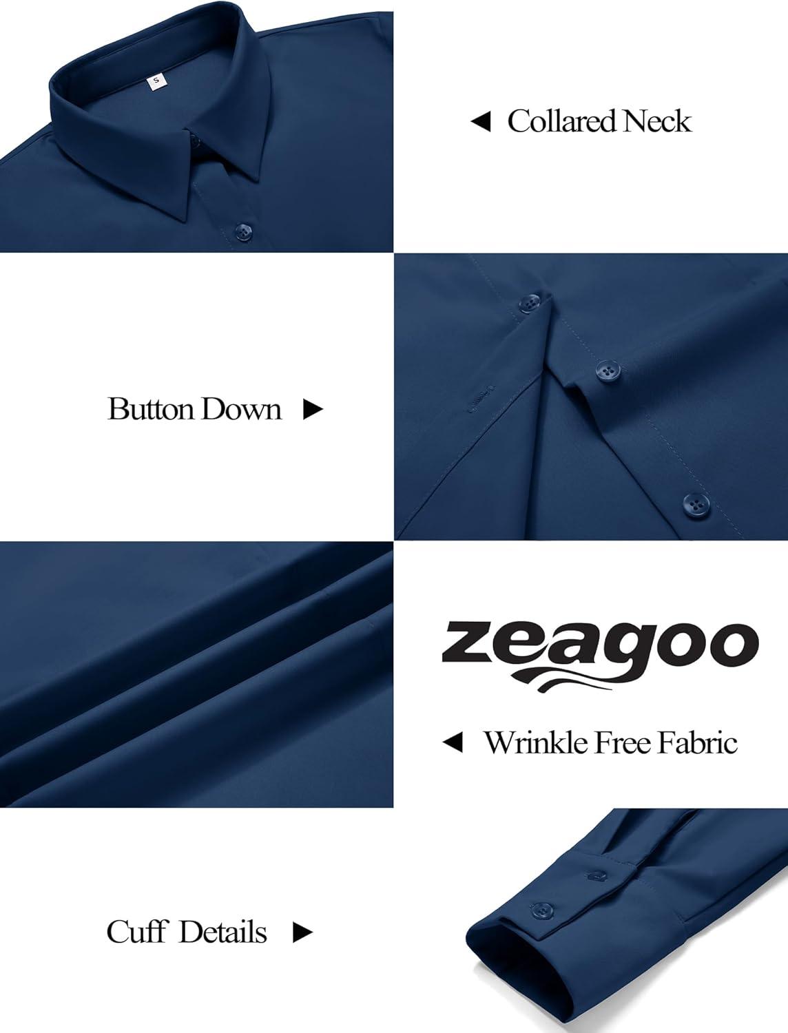 imageZeagoo Button Down Shirts for Women Wrinkle Free Long Sleeve Collared Dress Blouses Casual Work Office Tunics TopsNavy Blue