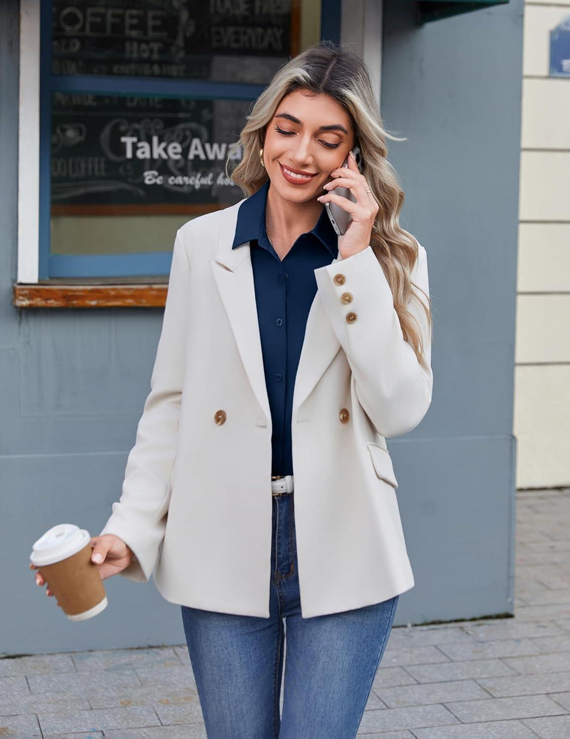 imageZeagoo Button Down Shirts for Women Wrinkle Free Long Sleeve Collared Dress Blouses Casual Work Office Tunics TopsNavy Blue