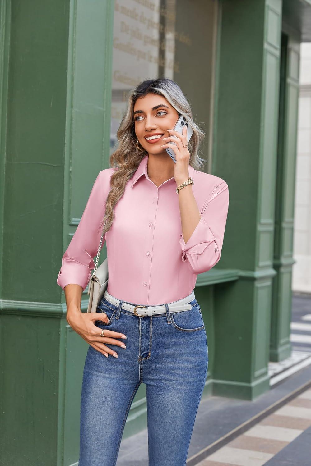 imageZeagoo Button Down Shirts for Women Wrinkle Free Long Sleeve Collared Dress Blouses Casual Work Office Tunics TopsPink