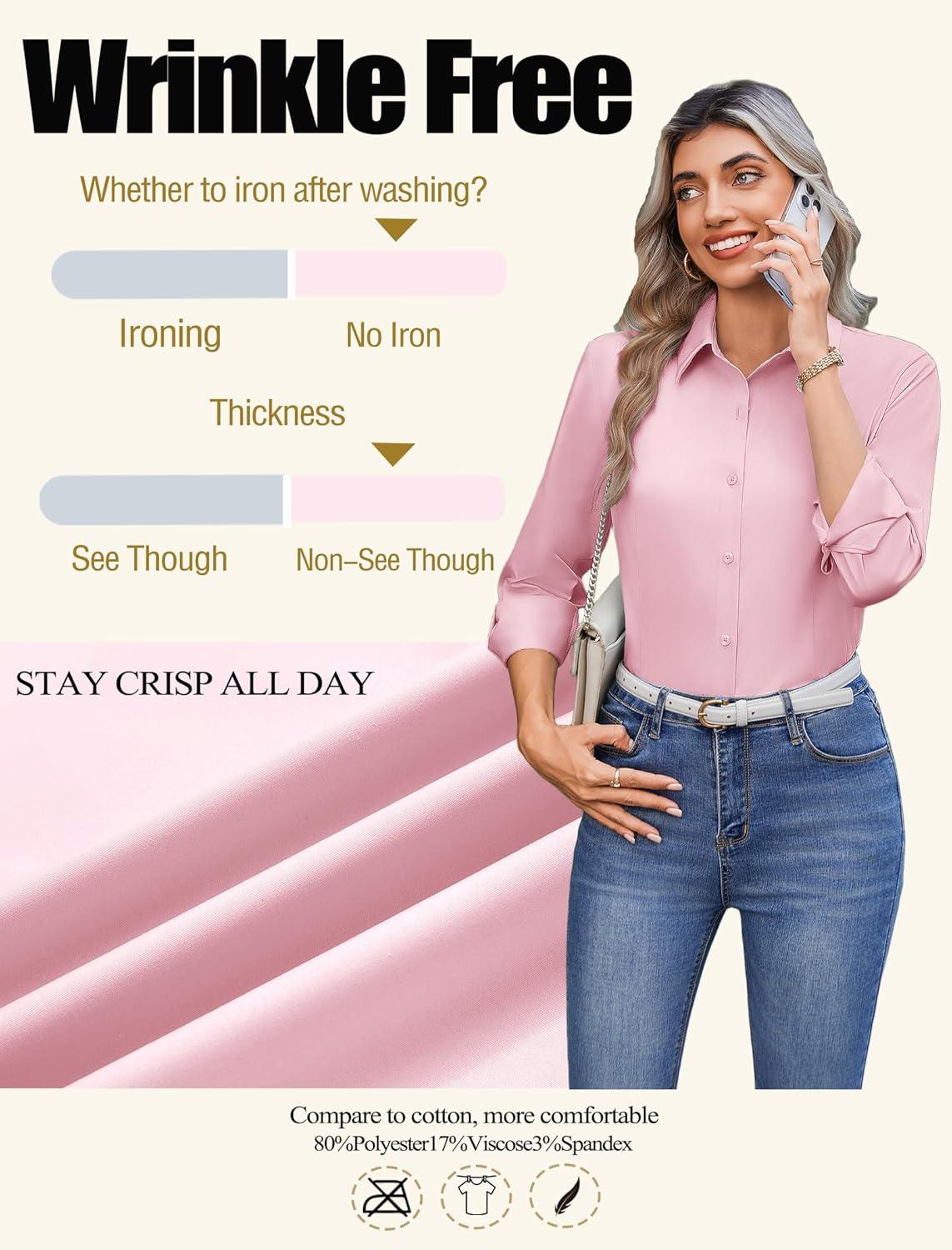 imageZeagoo Button Down Shirts for Women Wrinkle Free Long Sleeve Collared Dress Blouses Casual Work Office Tunics TopsPink