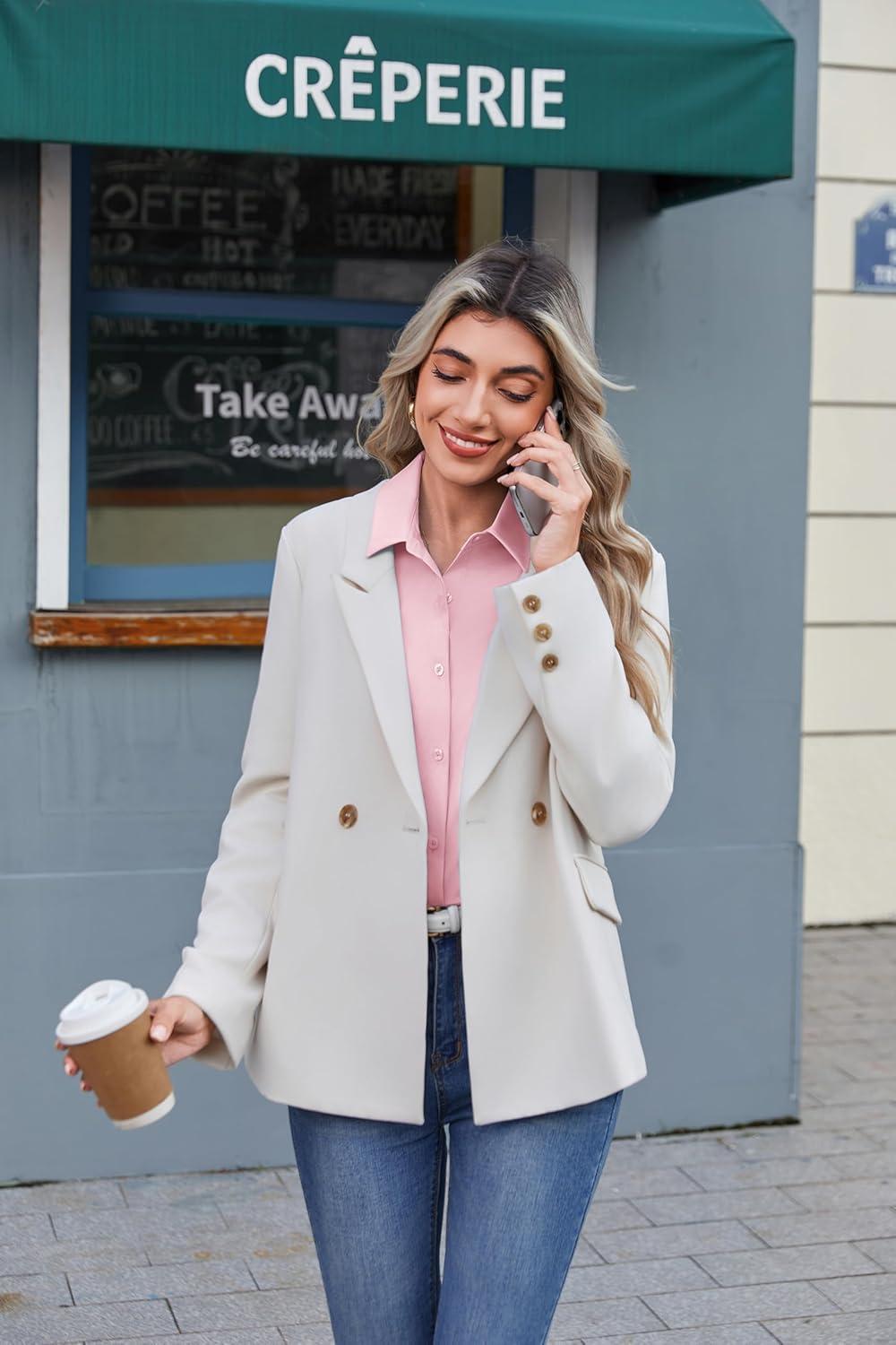 imageZeagoo Button Down Shirts for Women Wrinkle Free Long Sleeve Collared Dress Blouses Casual Work Office Tunics TopsPink