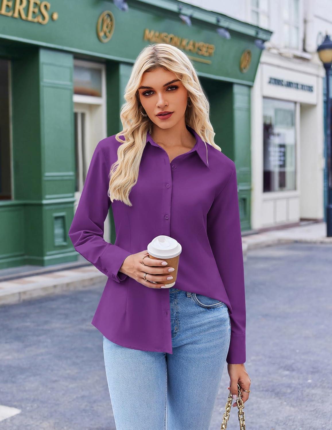 imageZeagoo Button Down Shirts for Women Wrinkle Free Long Sleeve Collared Dress Blouses Casual Work Office Tunics TopsPurple