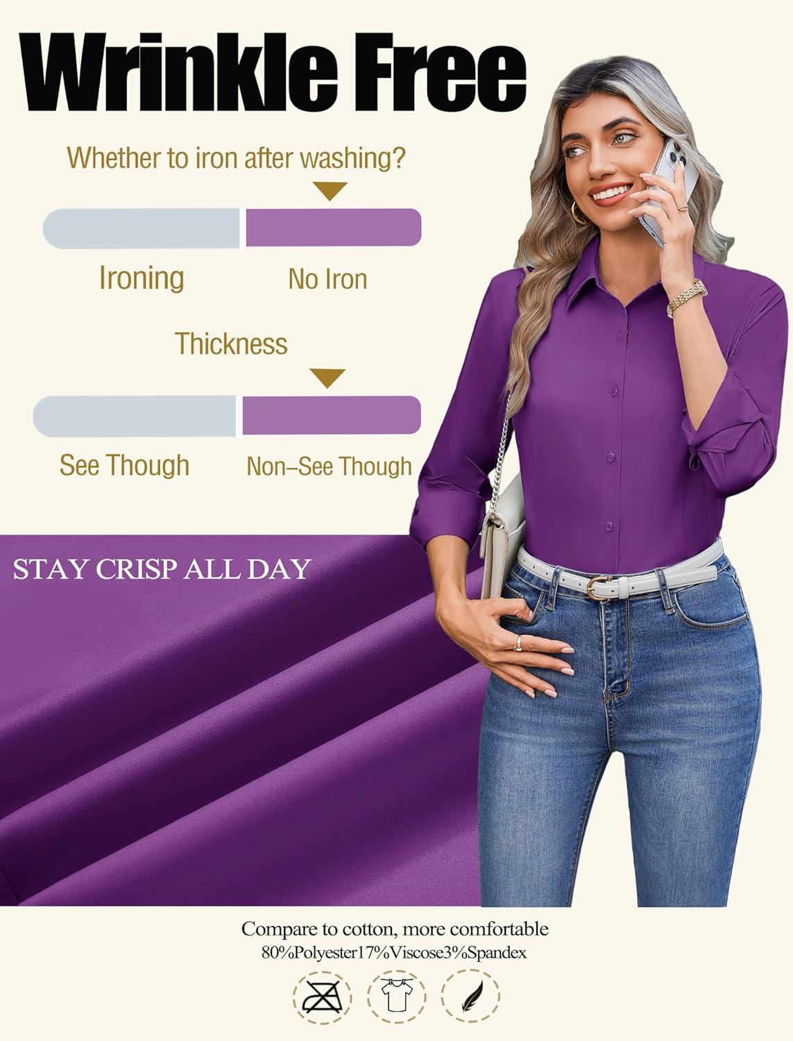 imageZeagoo Button Down Shirts for Women Wrinkle Free Long Sleeve Collared Dress Blouses Casual Work Office Tunics TopsPurple