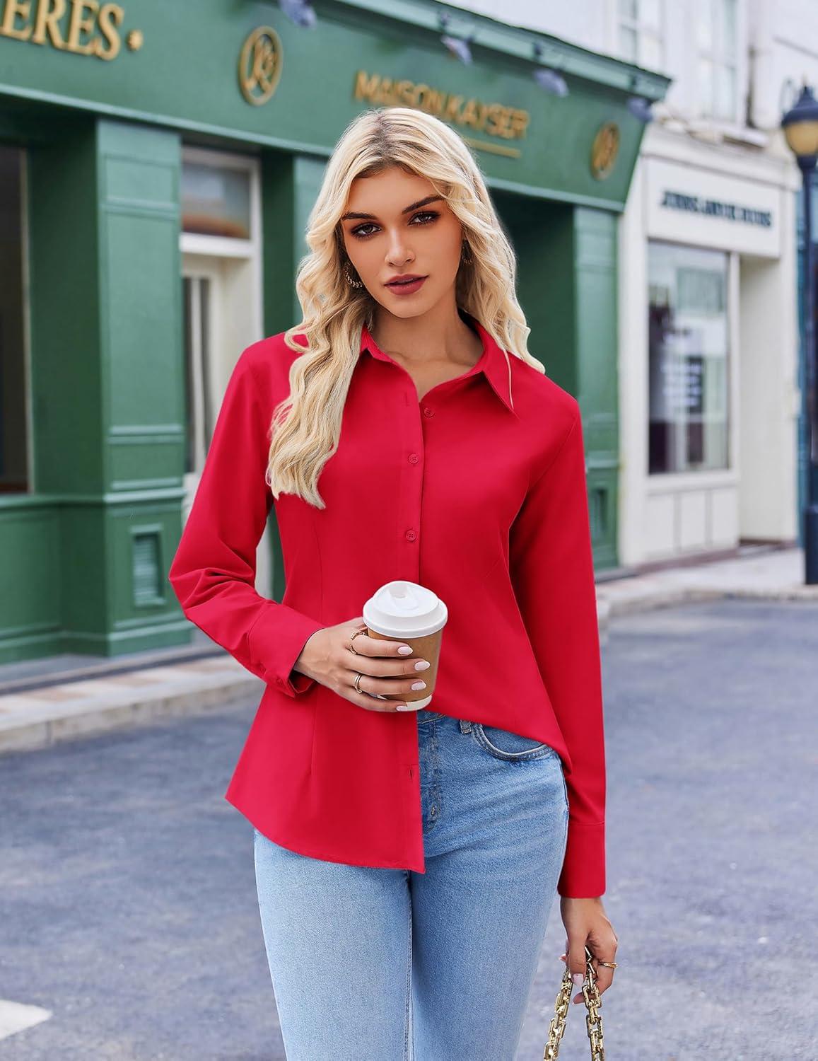imageZeagoo Button Down Shirts for Women Wrinkle Free Long Sleeve Collared Dress Blouses Casual Work Office Tunics TopsRed