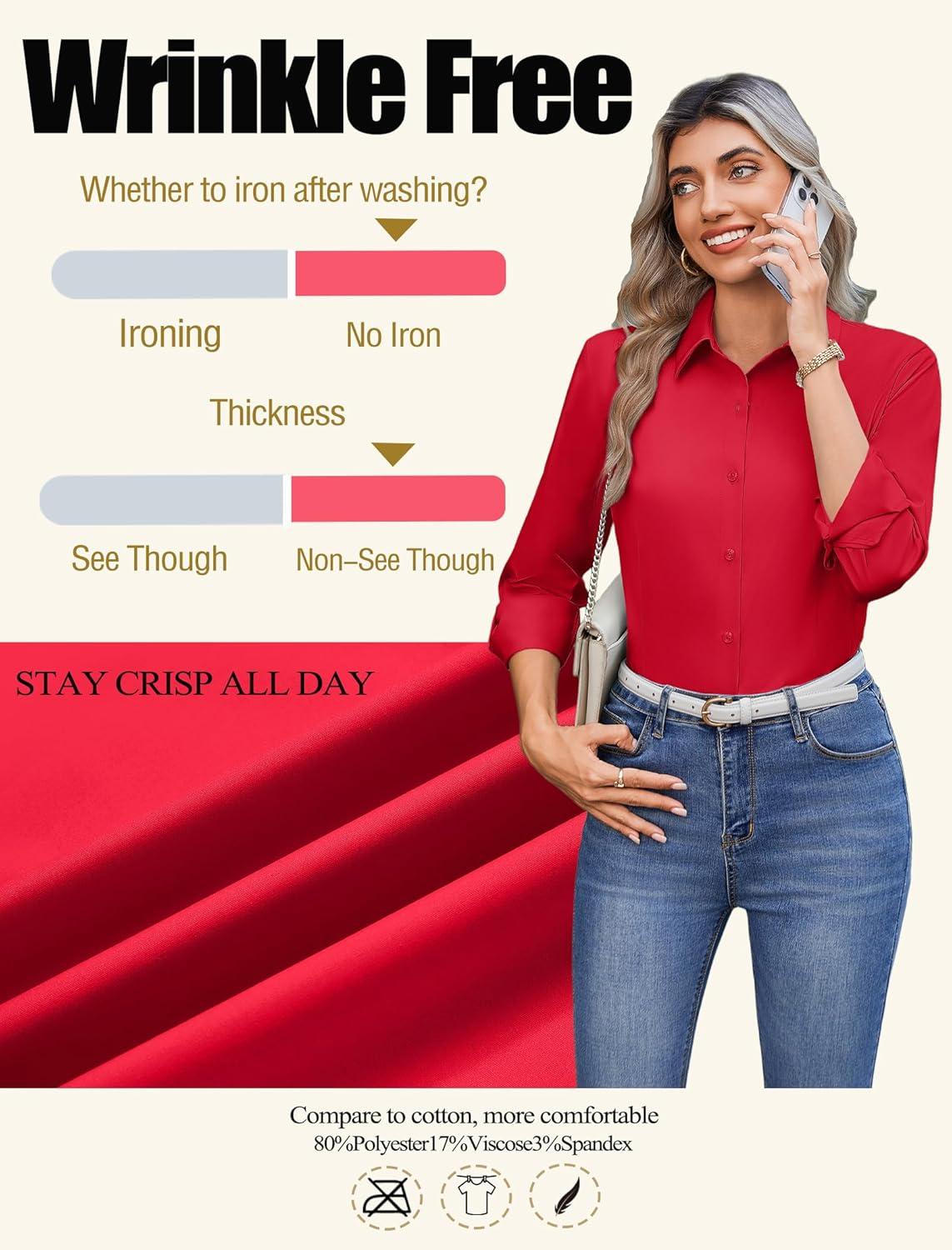 imageZeagoo Button Down Shirts for Women Wrinkle Free Long Sleeve Collared Dress Blouses Casual Work Office Tunics TopsRed