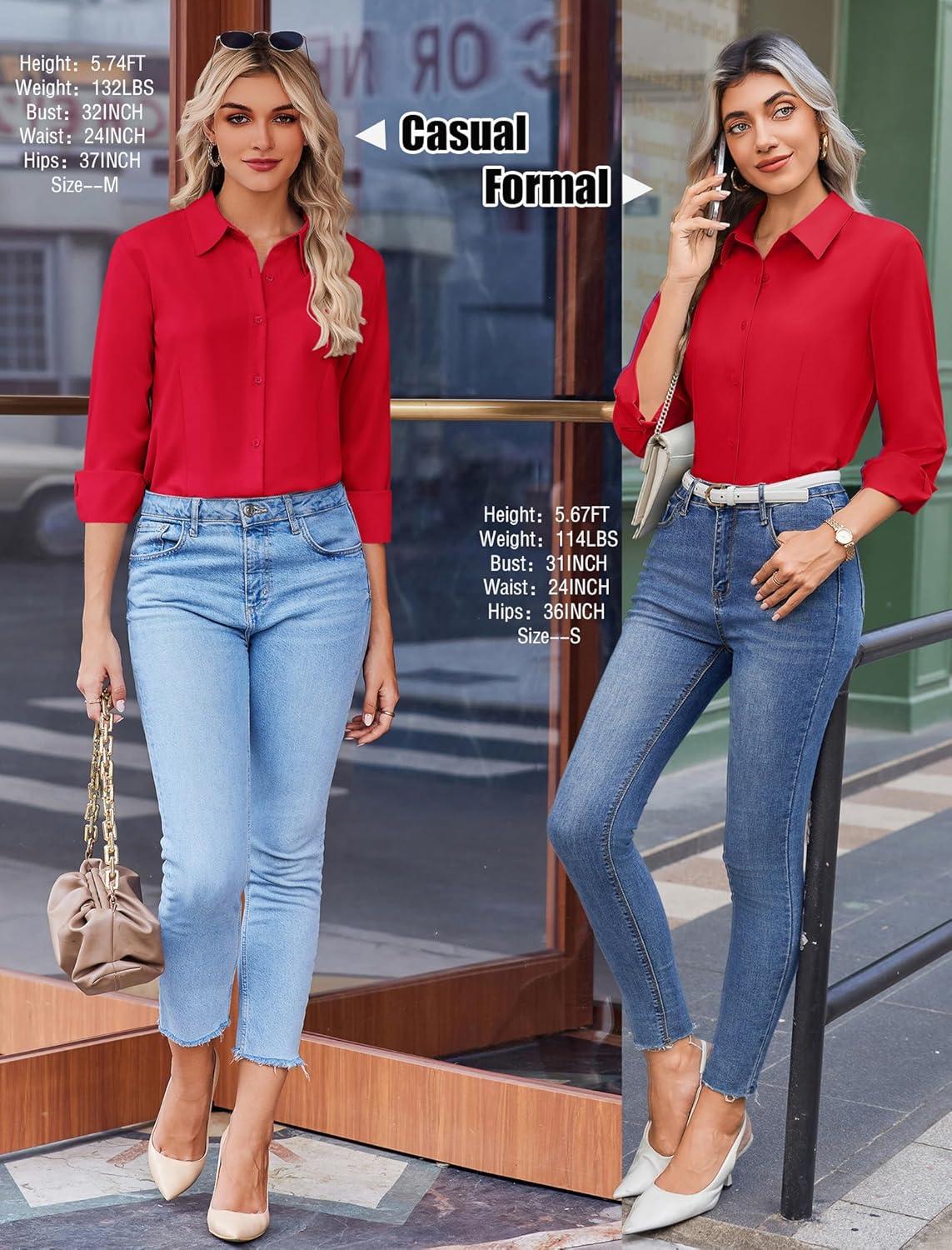 imageZeagoo Button Down Shirts for Women Wrinkle Free Long Sleeve Collared Dress Blouses Casual Work Office Tunics TopsRed