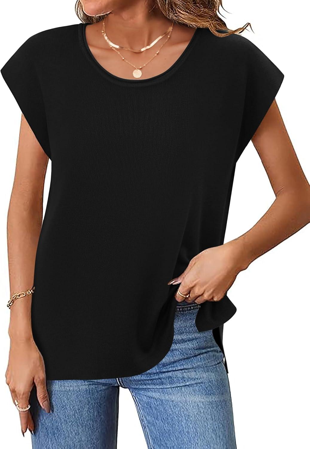 imageZeagoo Sweater Vest Women Crew Neck Loose Fit Knit Lightweight T Shirts Pullover Casual Summer OutfitsBlack