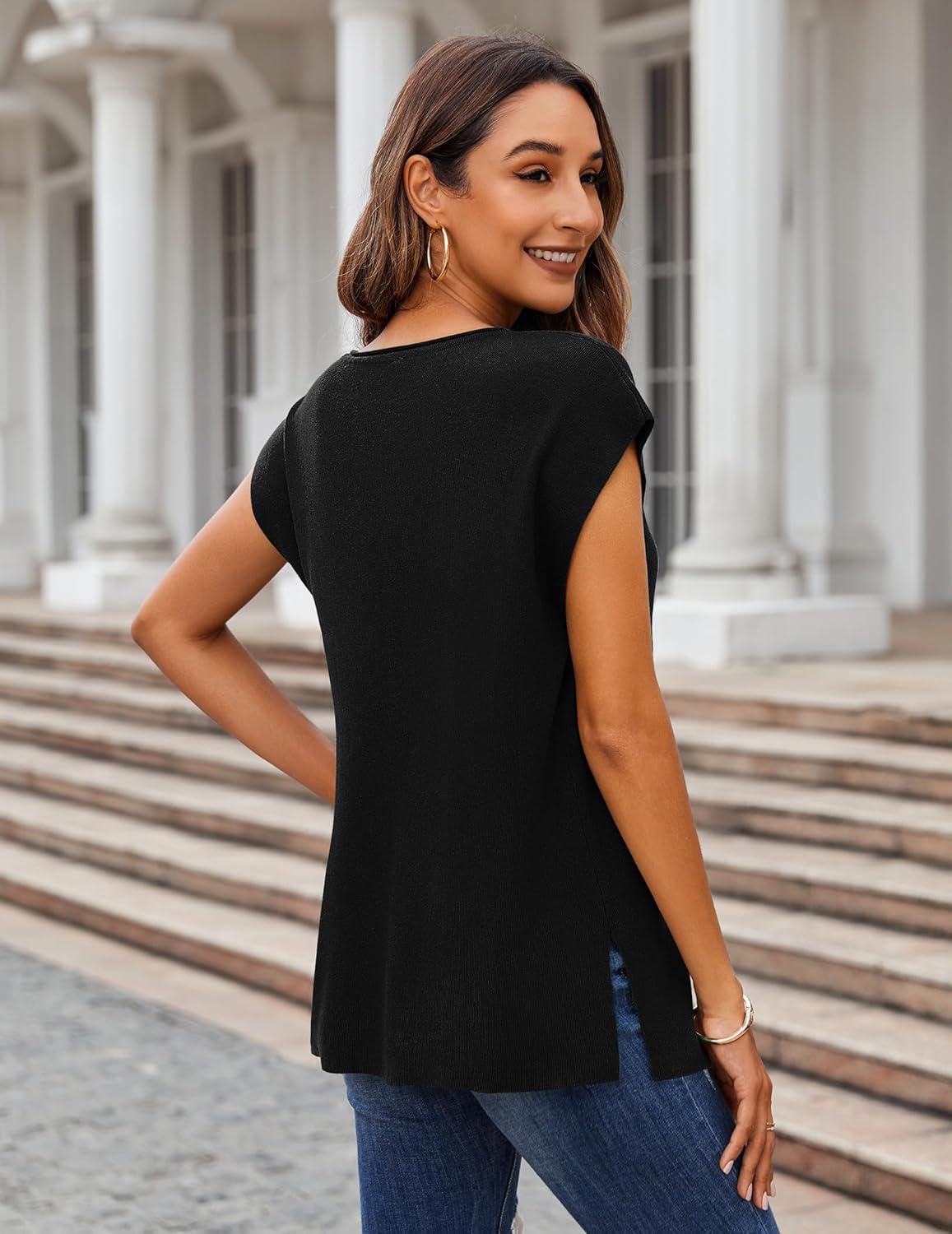 imageZeagoo Sweater Vest Women Crew Neck Loose Fit Knit Lightweight T Shirts Pullover Casual Summer OutfitsBlack