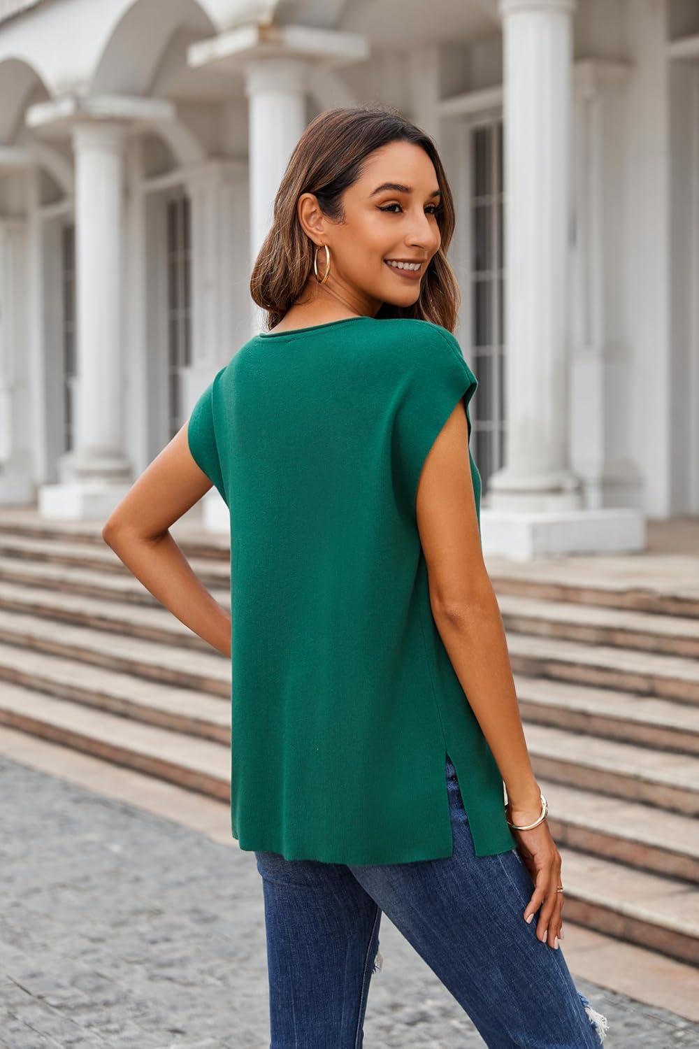 imageZeagoo Sweater Vest Women Crew Neck Loose Fit Knit Lightweight T Shirts Pullover Casual Summer OutfitsDark Green