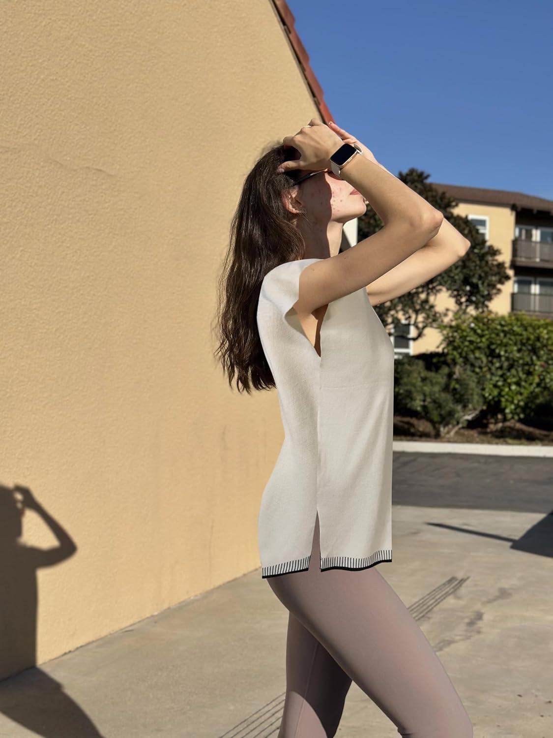 imageZeagoo Sweater Vest Women Crew Neck Loose Fit Knit Lightweight T Shirts Pullover Casual Summer OutfitsLine White