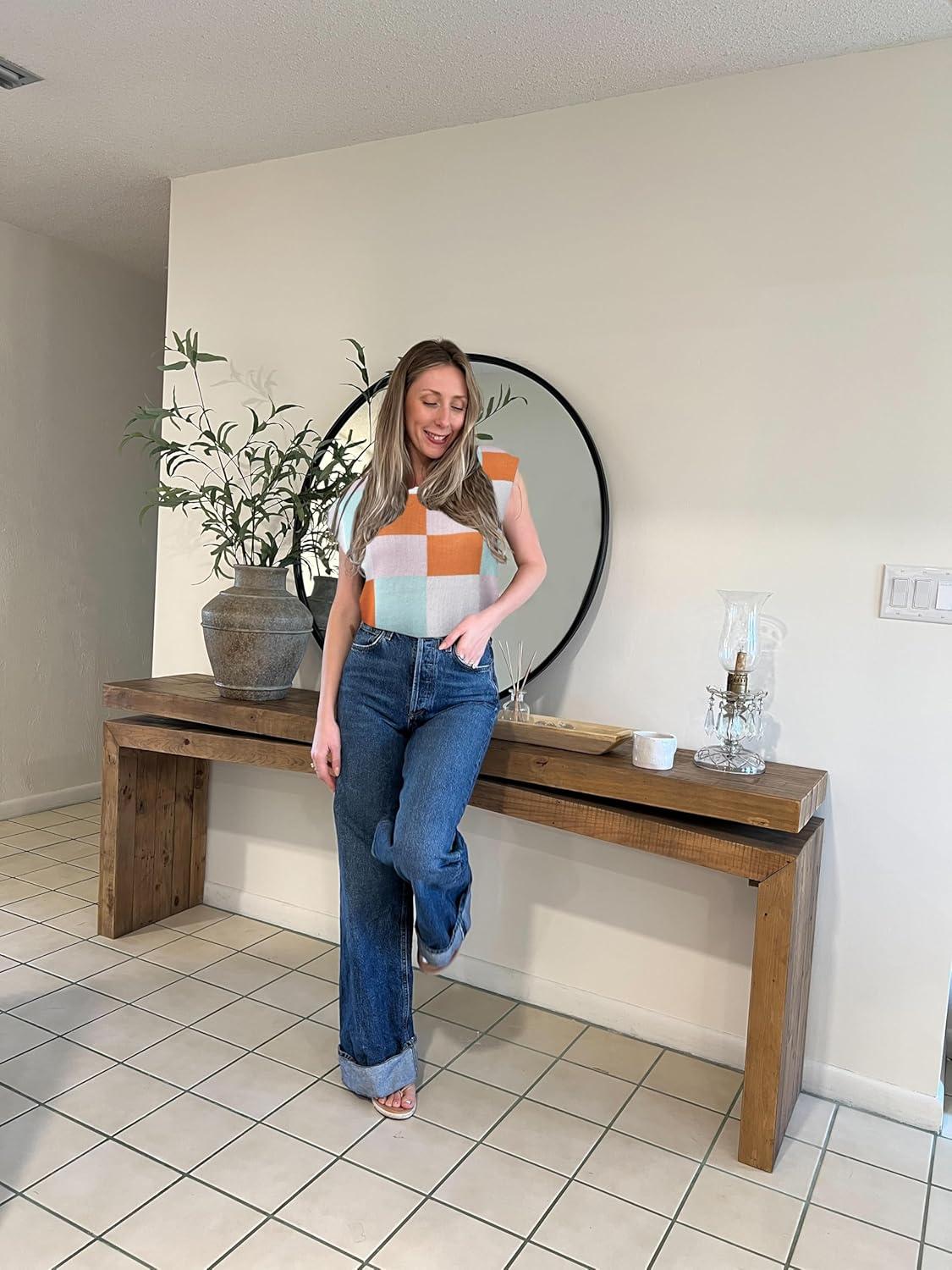 imageZeagoo Sweater Vest Women Crew Neck Loose Fit Knit Lightweight T Shirts Pullover Casual Summer OutfitsPink Plaid