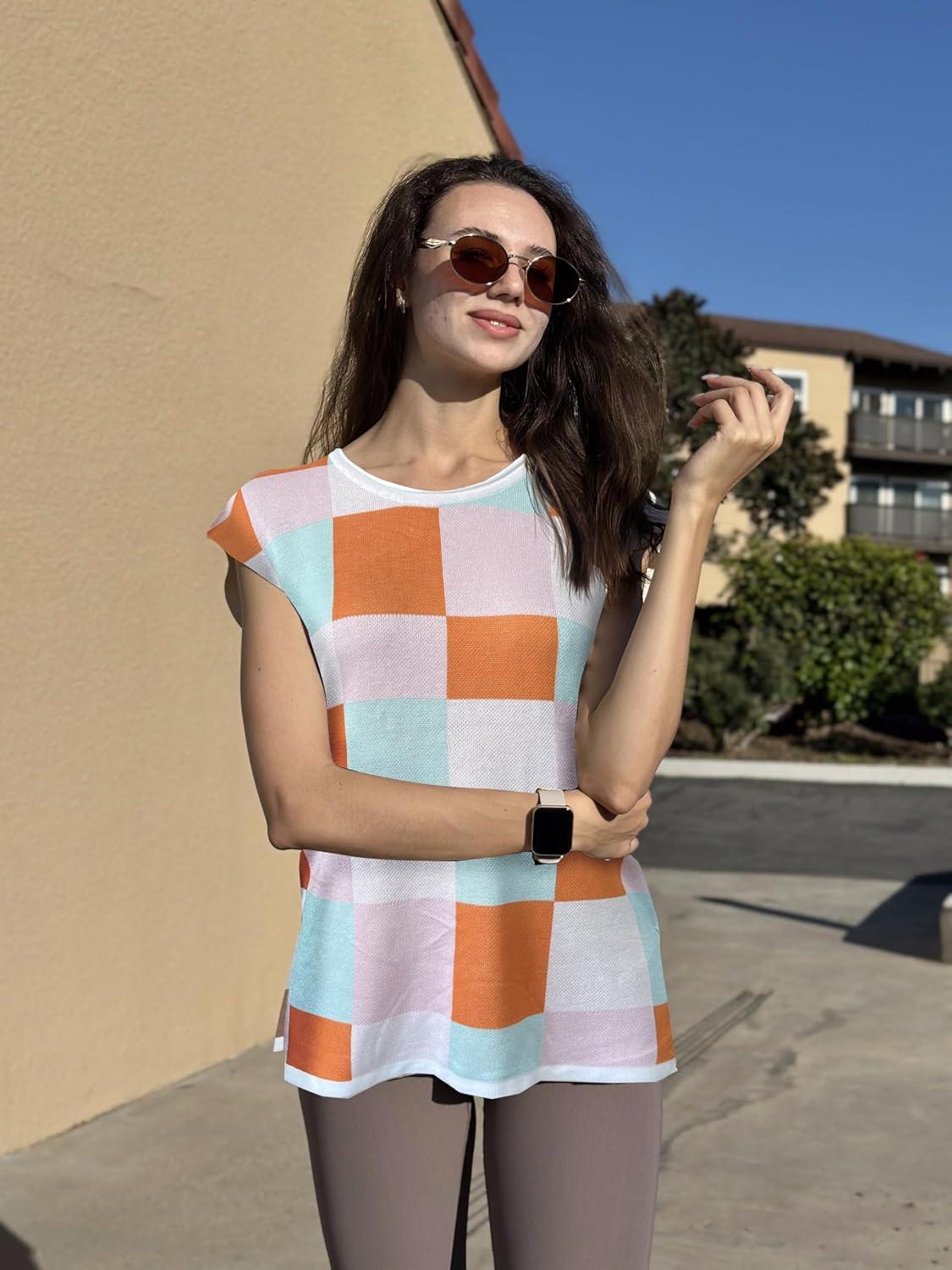 imageZeagoo Sweater Vest Women Crew Neck Loose Fit Knit Lightweight T Shirts Pullover Casual Summer OutfitsPink Plaid