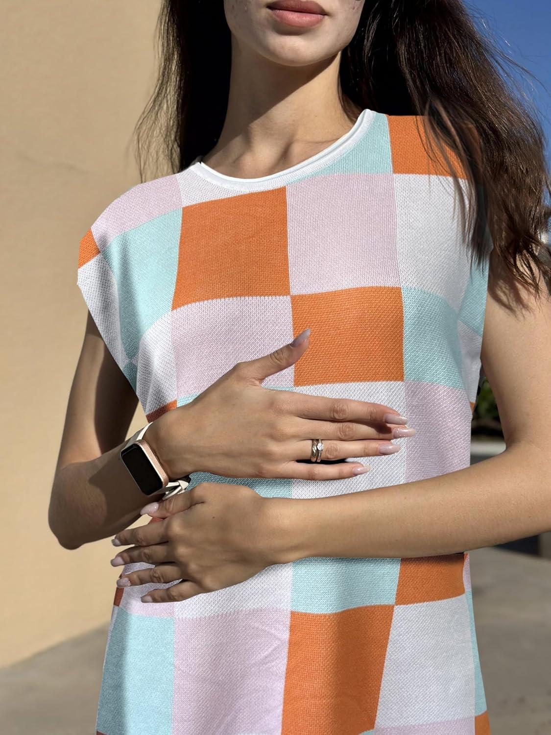 imageZeagoo Sweater Vest Women Crew Neck Loose Fit Knit Lightweight T Shirts Pullover Casual Summer OutfitsPink Plaid