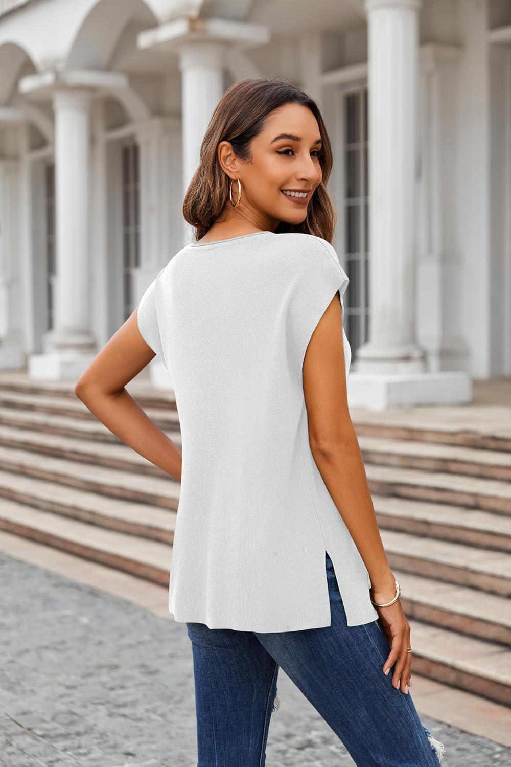 imageZeagoo Sweater Vest Women Crew Neck Loose Fit Knit Lightweight T Shirts Pullover Casual Summer OutfitsWhite