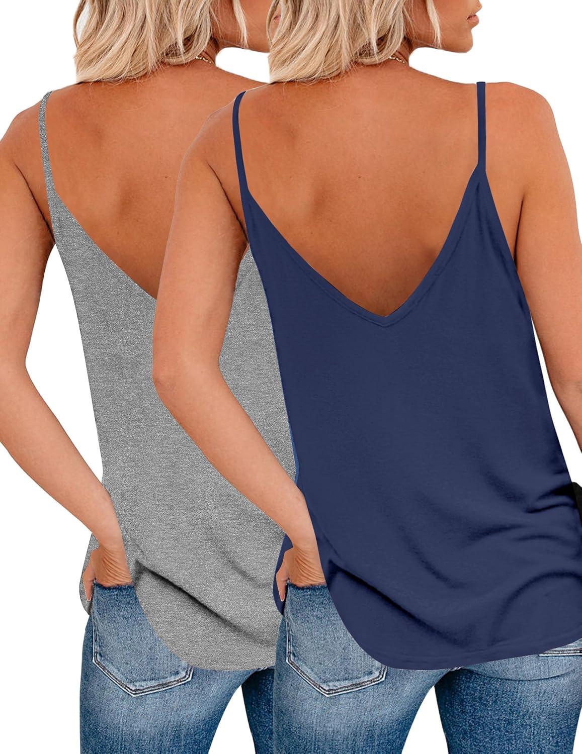 imageZeagoo Womens V Neck Camisole Tank Top Strap Sleeveless T Shirt Casual Loose Vest Blouse  SXXL2 Packblue and Light Grey