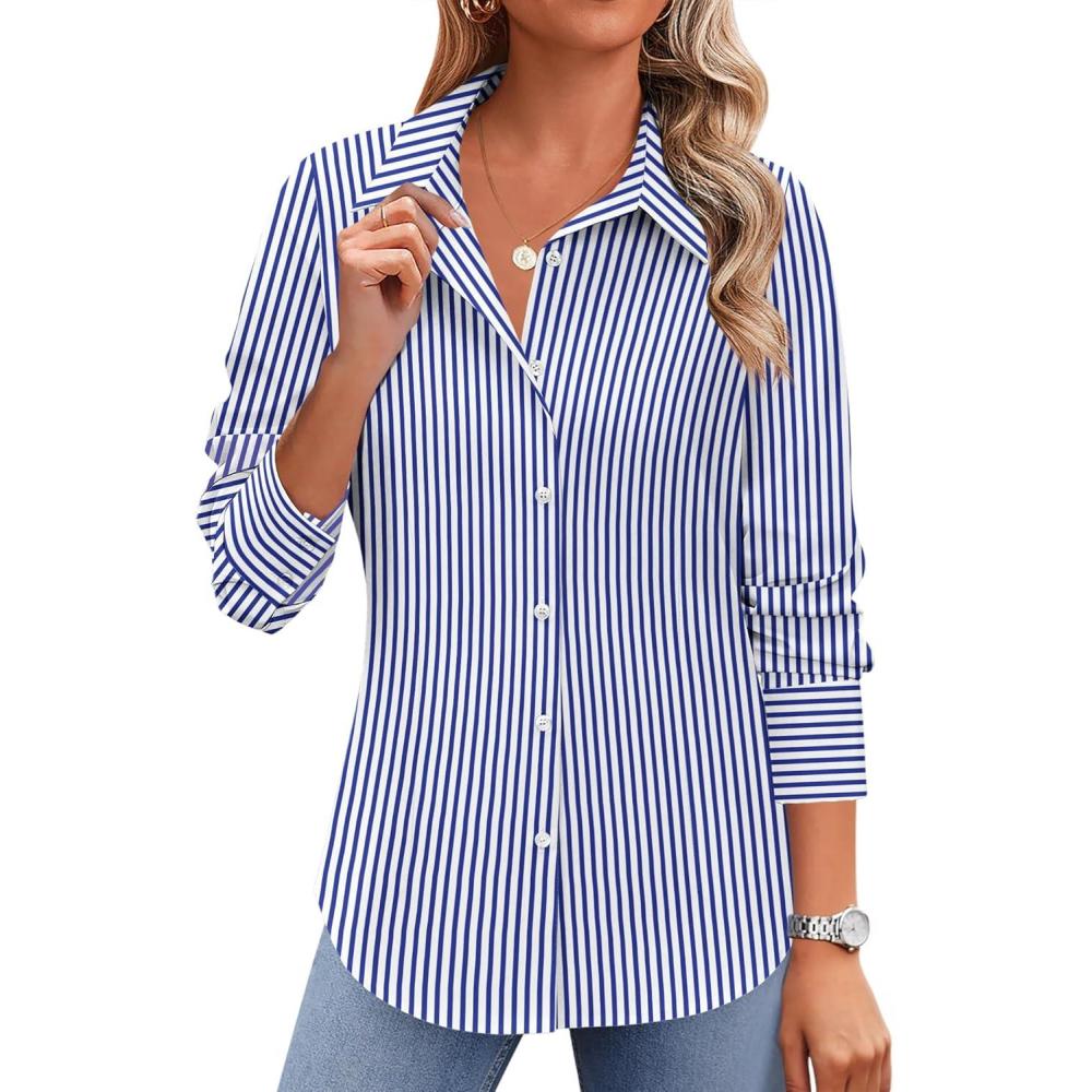 imageZeagoo Button Down Shirts for Women Wrinkle Free Long Sleeve Collared Dress Blouses Casual Work Office Tunics TopsBlue Striped