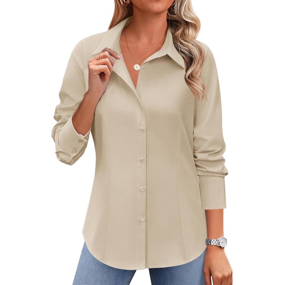 imageZeagoo Button Down Shirts for Women Wrinkle Free Long Sleeve Collared Dress Blouses Casual Work Office Tunics TopsKhaki