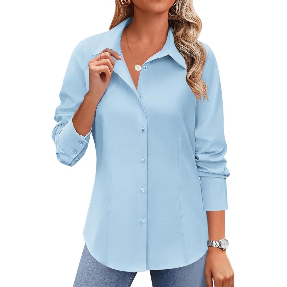 imageZeagoo Button Down Shirts for Women Wrinkle Free Long Sleeve Collared Dress Blouses Casual Work Office Tunics TopsLight Blue