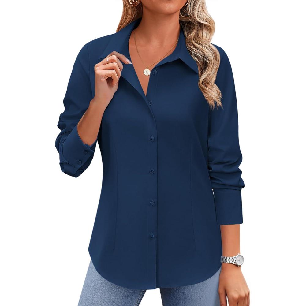imageZeagoo Button Down Shirts for Women Wrinkle Free Long Sleeve Collared Dress Blouses Casual Work Office Tunics TopsNavy Blue