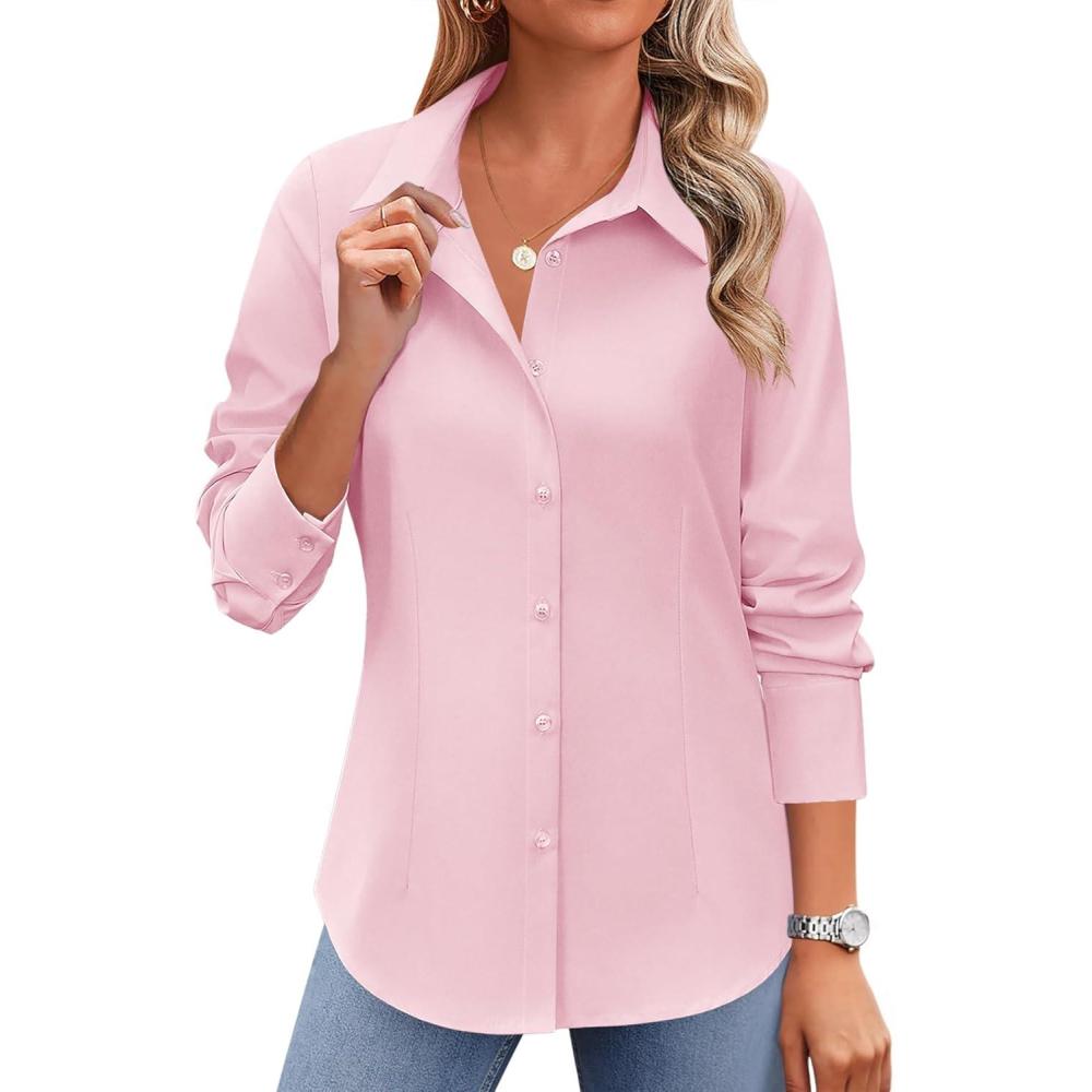 imageZeagoo Button Down Shirts for Women Wrinkle Free Long Sleeve Collared Dress Blouses Casual Work Office Tunics TopsPink