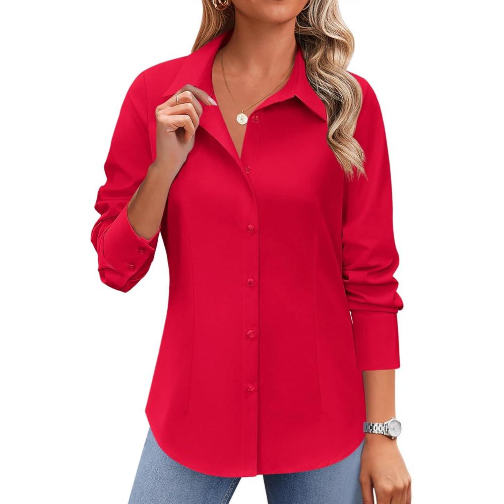 imageZeagoo Button Down Shirts for Women Wrinkle Free Long Sleeve Collared Dress Blouses Casual Work Office Tunics TopsRed