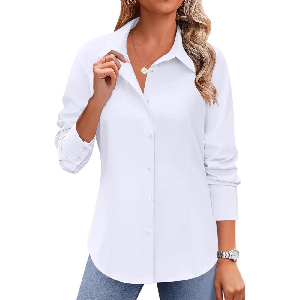imageZeagoo Button Down Shirts for Women Wrinkle Free Long Sleeve Collared Dress Blouses Casual Work Office Tunics TopsWhite