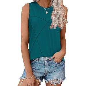 imageZeagoo Beach Vacation Clothes for Women Pleated High Neck Flowy Sleeveless Tank Tops Summer Loose Fit Tunic BlousesBlue Green