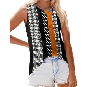 imageZeagoo Beach Vacation Clothes for Women Pleated High Neck Flowy Sleeveless Tank Tops Summer Loose Fit Tunic BlousesKhaki Stripe