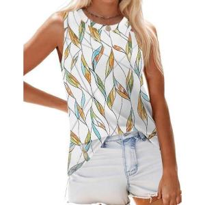 imageZeagoo Beach Vacation Clothes for Women Pleated High Neck Flowy Sleeveless Tank Tops Summer Loose Fit Tunic BlousesLeafprint