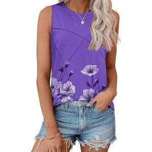 imageZeagoo Beach Vacation Clothes for Women Pleated High Neck Flowy Sleeveless Tank Tops Summer Loose Fit Tunic BlousesPurple Flower
