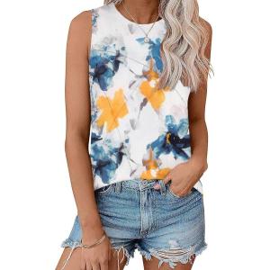 imageZeagoo Beach Vacation Clothes for Women Pleated High Neck Flowy Sleeveless Tank Tops Summer Loose Fit Tunic BlousesWhite Blue Flower