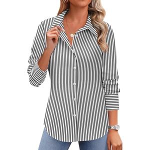 imageZeagoo Button Down Shirts for Women Wrinkle Free Long Sleeve Collared Dress Blouses Casual Work Office Tunics TopsBlack Striped