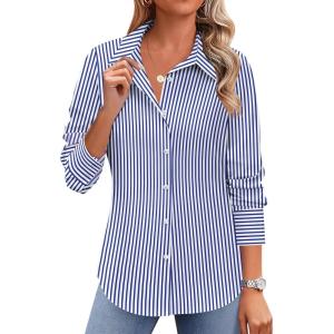 imageZeagoo Button Down Shirts for Women Wrinkle Free Long Sleeve Collared Dress Blouses Casual Work Office Tunics TopsBlue Striped
